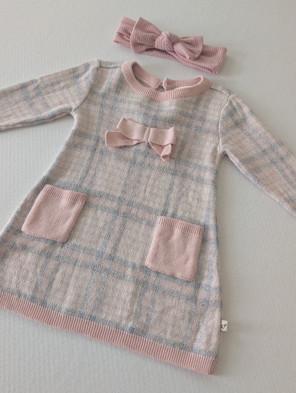 Viverano Organics Sophie Bow Checkered Sweater Knit BabyDress Rosewood pink 3-6M